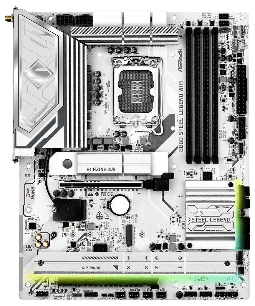 Biela počítačová základná doska označená ako "B650 Steel Legend WiFi" má viacero slotov pre RAM, PCIe a úložisko M.2, s RGB akcentmi.
