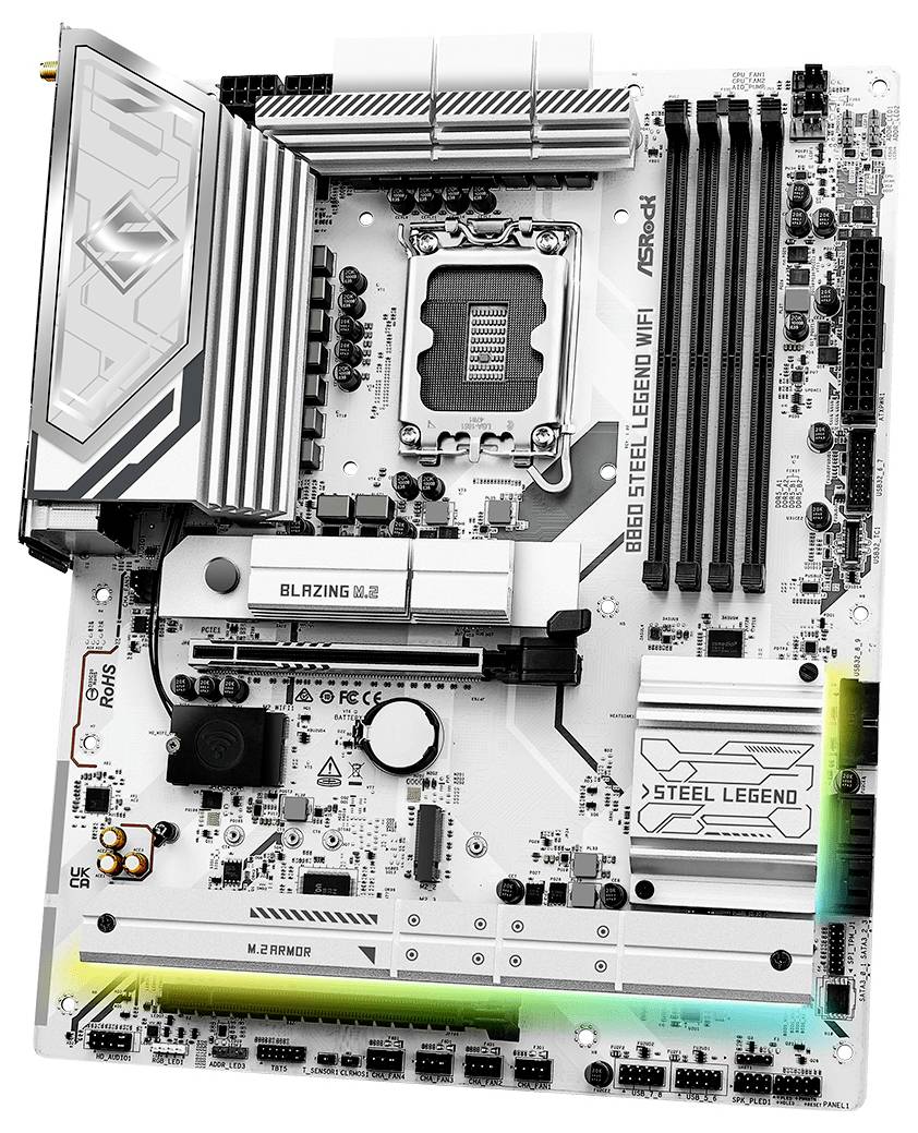 Biela základná doska ASRock B660 Steel Legend WiFi s viacerými portami, slotmi a chladičmi, s označením "STEEL LEGEND".