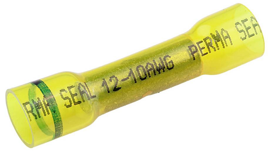 Žltý zmršťovací spojovací konektor označený "PERMA SEAL 12-10 AWG", používaný na bezpečné spájanie elektrických vodičov a poskytovanie izolácie.