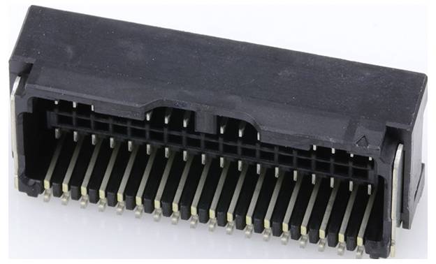 Čierny elektrický konektor s viacerými kovovými kontaktmi, vhodný na prepojenie elektronických súčiastok.