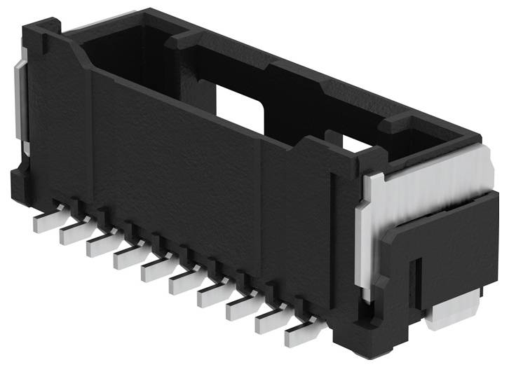 Čierny elektronický konektor s viacerými kovovými kontaktmi na spodnej strane, vyvinutý pre pripojenie na dosky plošných spojov.