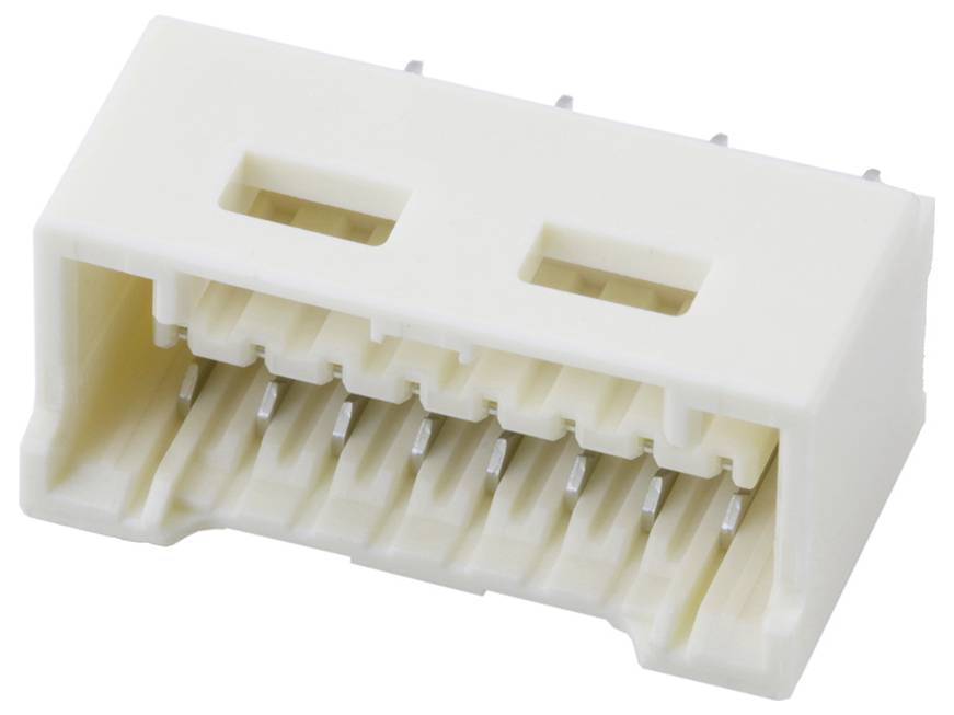 Biely plastový konektor s viacerými kovovými kontaktmi, ktorý sa používa na prepájanie elektronických zariadení.