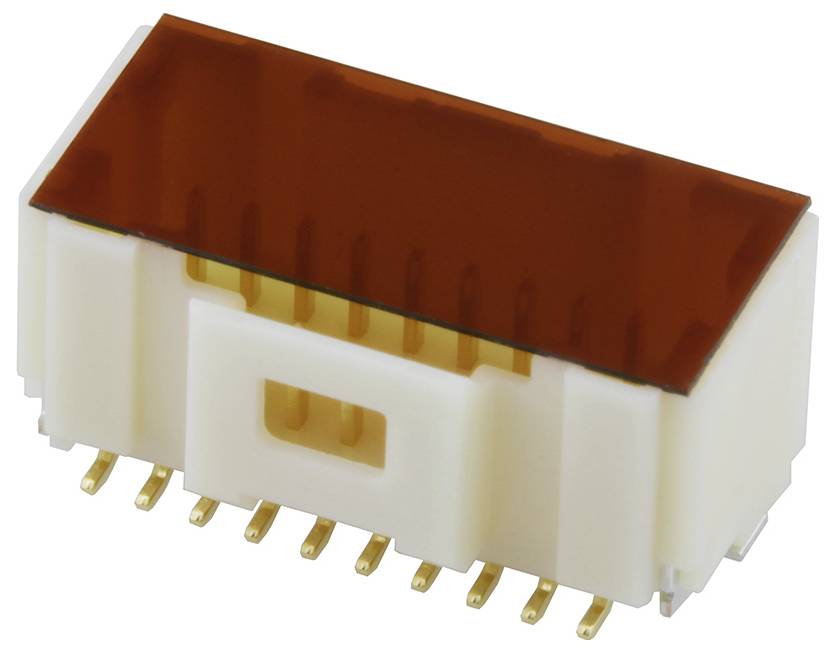 Obdĺžnikový elektronický konektor so zlatými kolíkmi a hnedým krytom, vhodný pre elektrické zostavy.