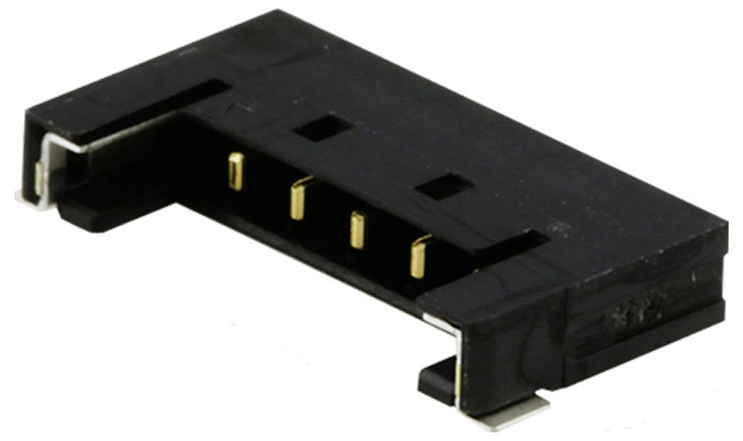 Čierny zásuvný konektor s piatimi zlatými kontaktmi, uložený v bočnej polohe. Používa sa pre elektronické prepojenia.