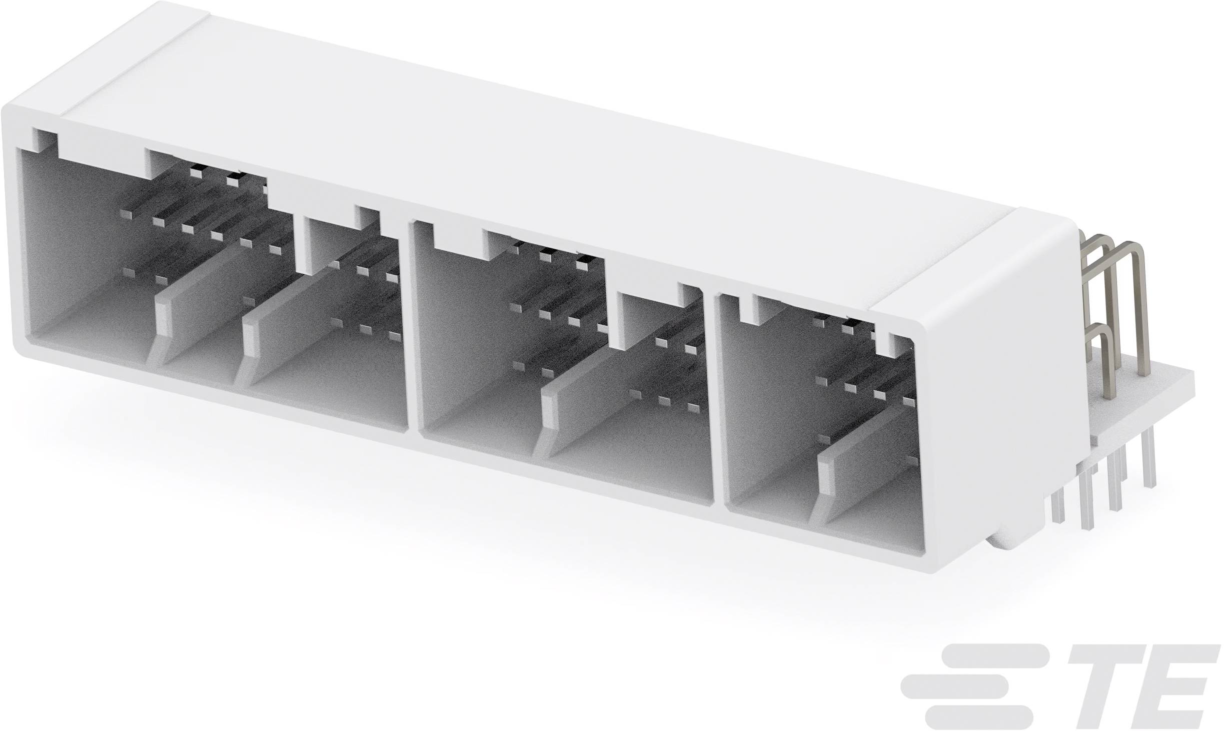 Elektronický konektor so štyrmi obdĺžnikovými portami a kolíkmi na boku, vhodný pre priemyselné aplikácie.