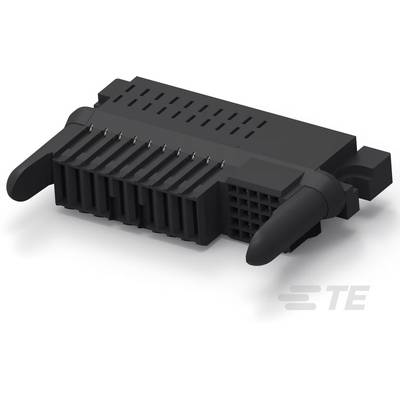 Čierny elektrický konektor s viacerými kontaktnými kolíkmi, bočnými úchytmi a logom neznámej značky v spodnom pravom rohu.