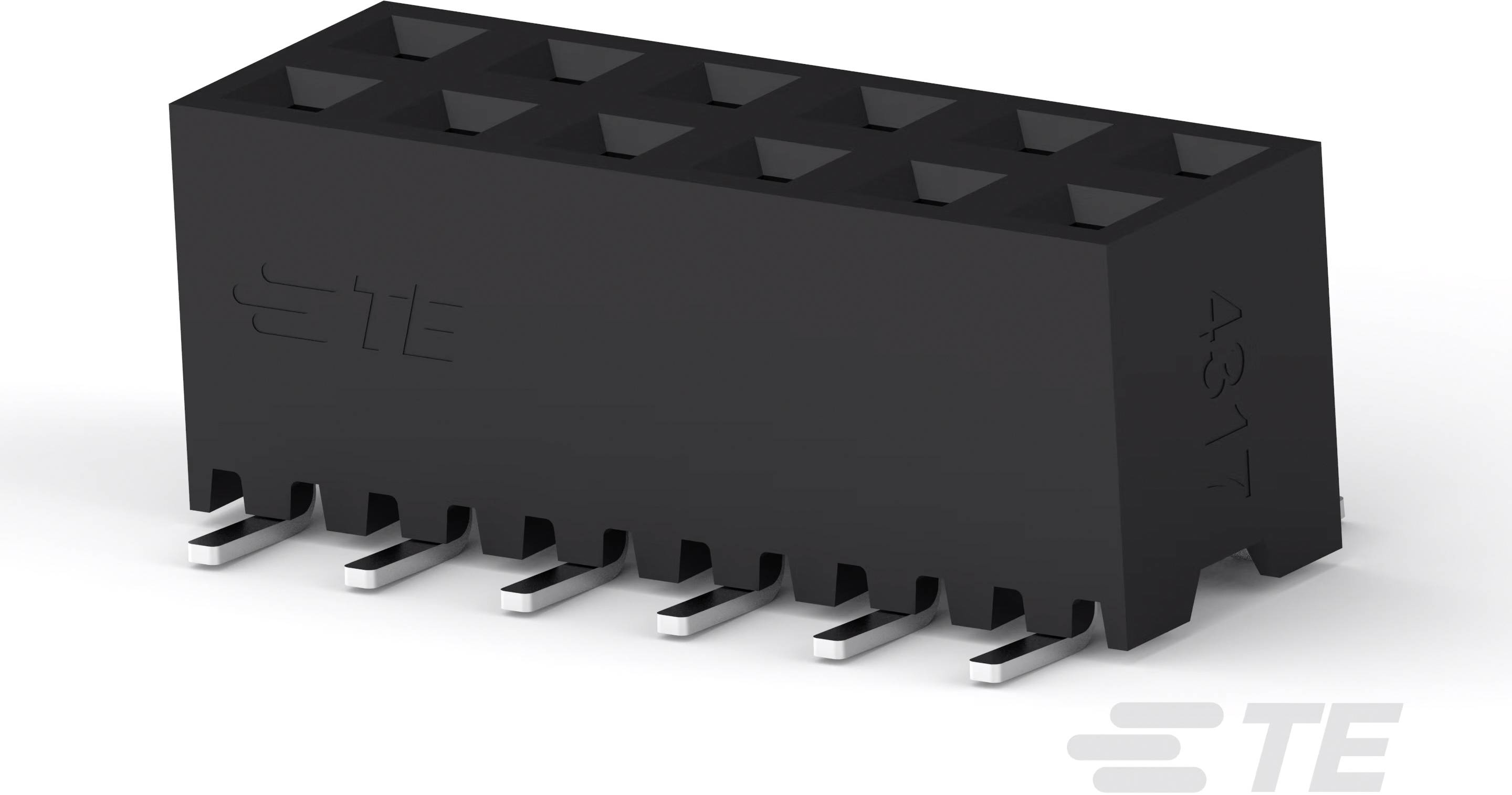 Čierny elektrický konektor s desiatimi kolíkmi v dvoch radoch pre elektronické moduly. Po boku sú viditeľné označenia.