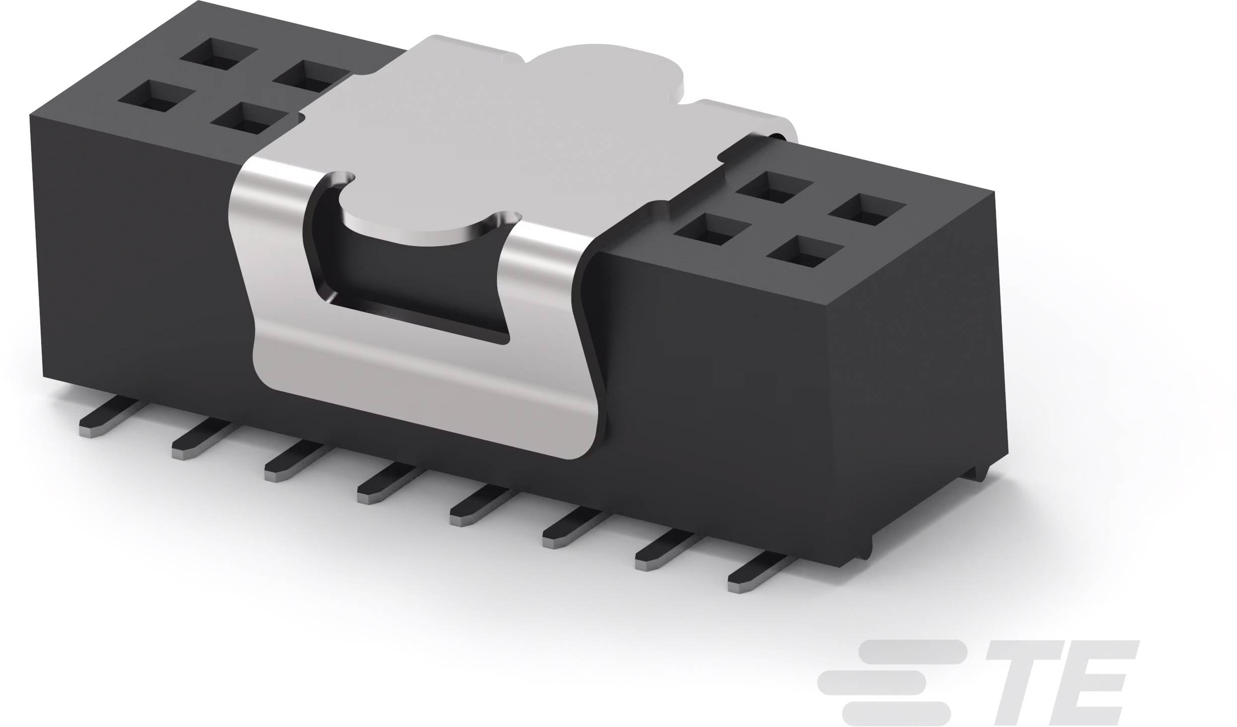 Čierny konektor so striebornou svorkou a viacerými pripájacími pinmi, vhodný pre elektronické obvody.