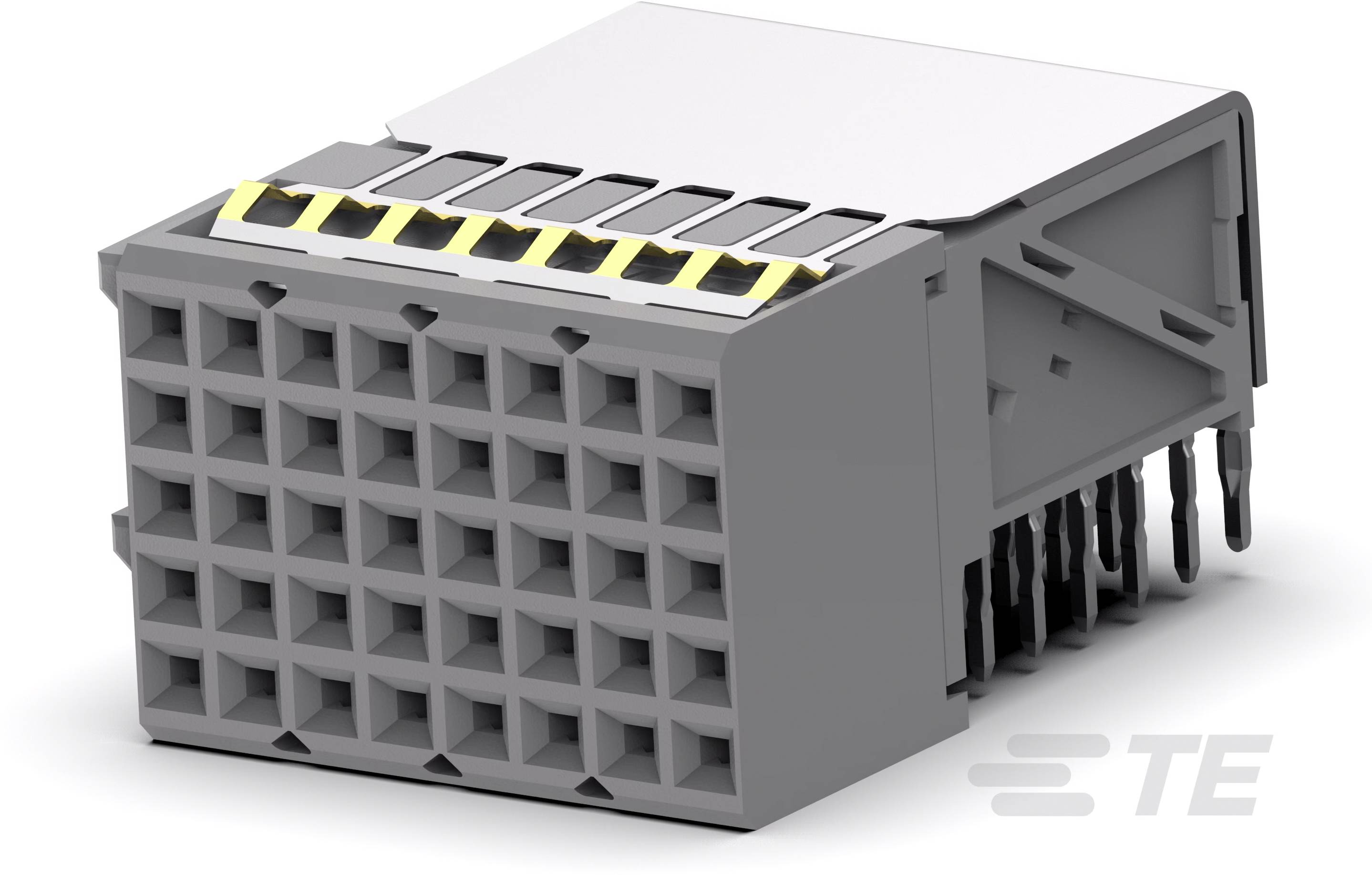 Šedý, obdĺžnikový elektronický konektor s viacerými pripojovacími miestami a kolíkmi, zobrazený spredu a zo spodnej strany.