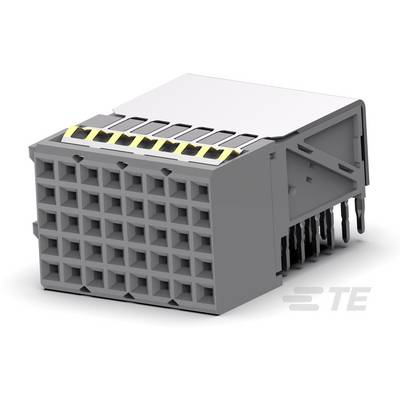 Šedý, obdĺžnikový elektronický konektor s viacerými pripojovacími miestami a kolíkmi, zobrazený spredu a zo spodnej strany.