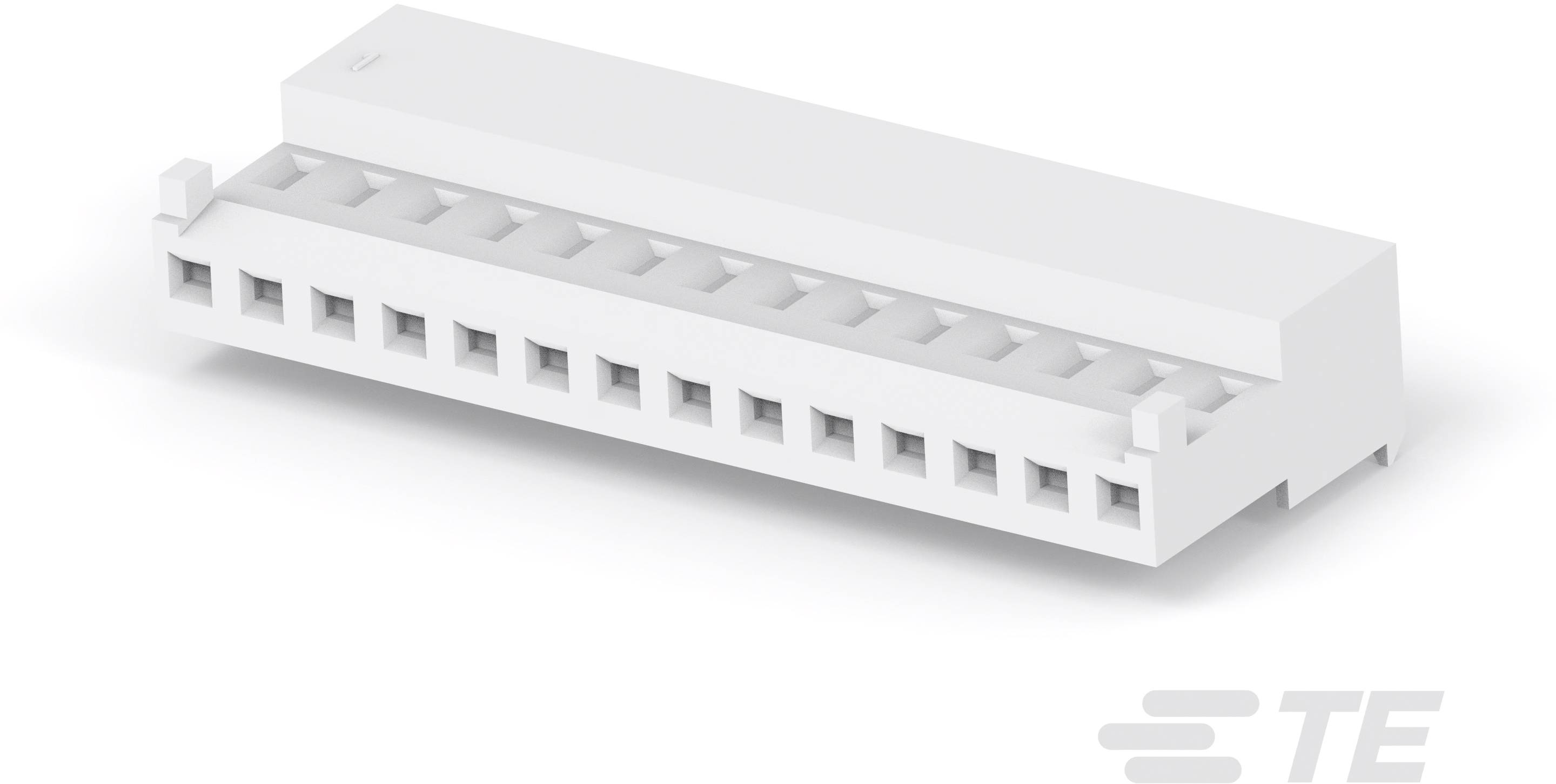 Biely, obdĺžnikový elektronický konektor s viacerými otvormi pre pripojenie. Logo značky TE v spodnom pravom rohu.