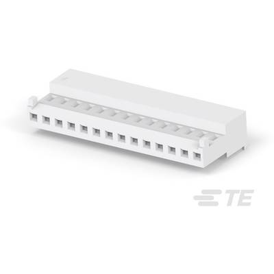 Biely, obdĺžnikový elektronický konektor s viacerými otvormi pre pripojenie. Logo značky TE v spodnom pravom rohu.