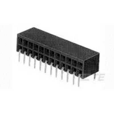 Čierny elektronický konektor s dvoma radmi kovových kolíkov, používaný na pripojenie elektrických obvodov.