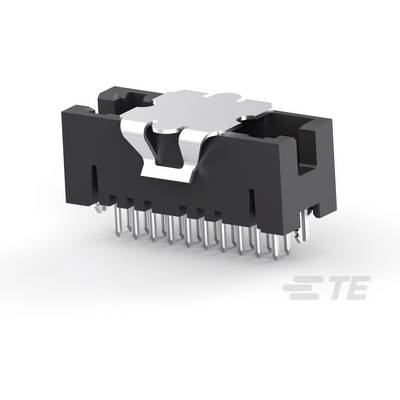 Čierny, obdĺžnikový konektor s viacerými kovovými pinmi, vhodný pre elektronické obvody. Logo TE je viditeľné.
