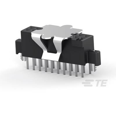 Čierny elektronický konektor s viacerými striebornými kontaktnými kolíkmi, vhodný pre montáž na dosku plošných spojov.