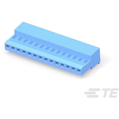 Modrý konektor s viacerými pripojovacími otvormi, pohľad z boku. Vhodný pre elektrické prepojenia v elektronických zariadeniach.