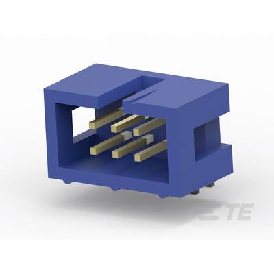 Modrý konektor s piatimi zlatými kolíkmi; obdĺžnikový tvar; používaný v elektronických zariadeniach.