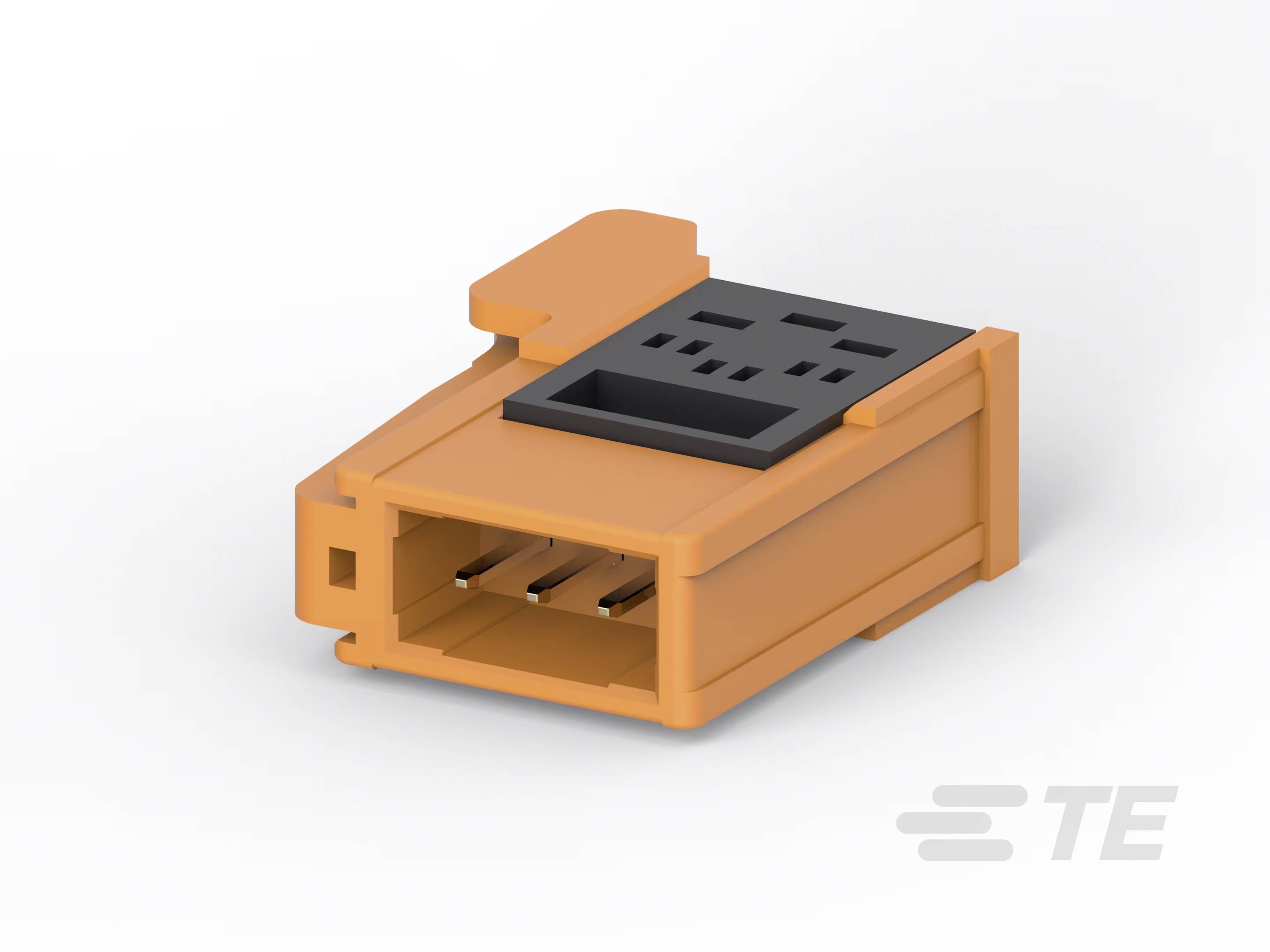Oranžový elektronický konektor s tromi kovovými kontaktmi, vhodný pre priemyselné aplikácie.