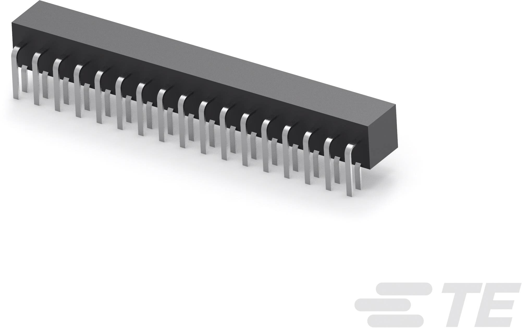 Horizontálne umiestnený čierny a strieborný elektronický IC čip s vyčnievajúcimi kovovými nožičkami slúžiacimi na montáž.
