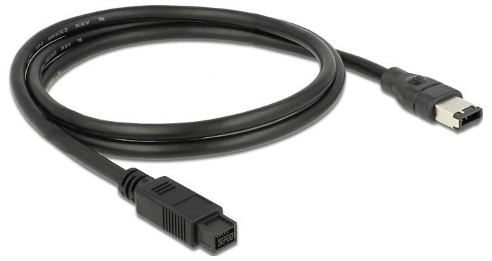 Čierny FireWire 800 kábel s 9-pinovým a 6-pinovým konektorom, vhodný pre vysokorýchlostnýprenos dát.