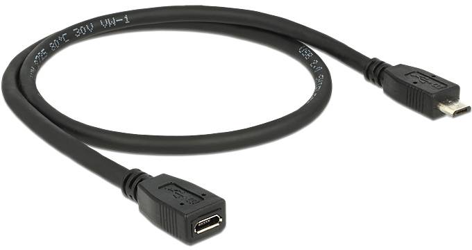Čiernobiely USB kábel s USB-B zástrčkou na jednom konci a USB-B zásuvkou na druhom konci, umiestnený na bielom pozadí.