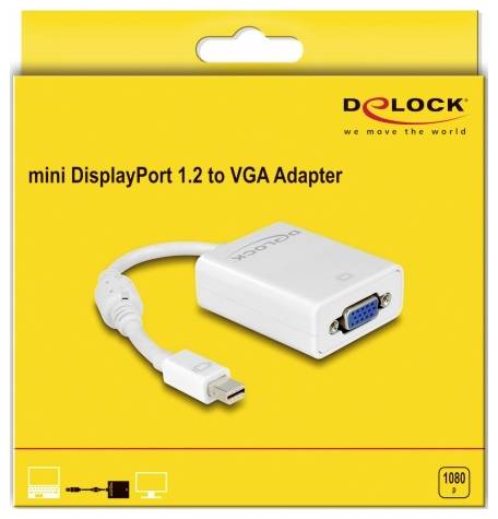 Adaptér od DeLock: 'mini DisplayPort 1.2 na VGA', žltý, s obrázkom adaptéra, vhodný pre video rozlíšenia až do 1080p.