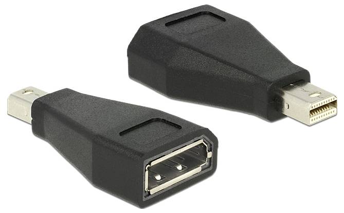 Dva čierne adaptéry s Mini DisplayPort zástrčkou a HDMI zásuvkou, vhodné na prepojenie počítačov so zariadeniami kompatibilnými s HDMI.