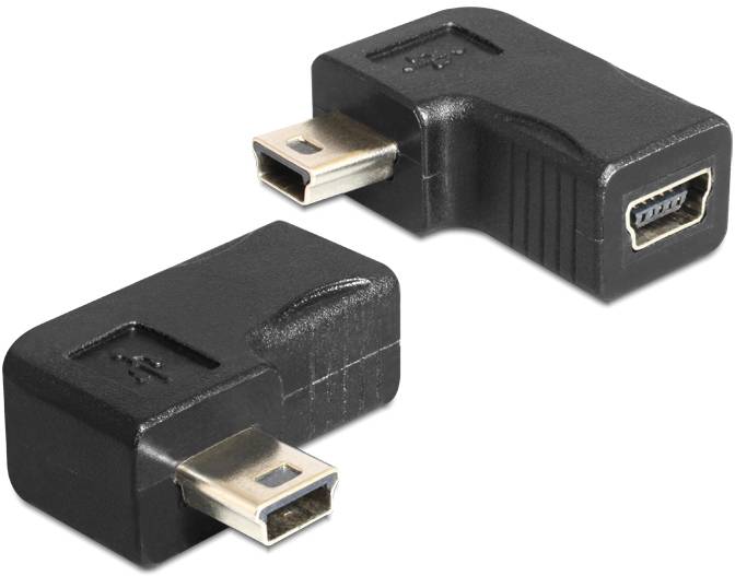 Dva čierne mini-USB adaptéry, obdĺžnikového tvaru, zobrazené z rôznych uhlov. Sú zalomené a majú mini-USB zástrčku a mini-USB zásuvku.
