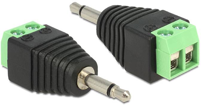 Dva čierne a zelené audio jack adaptéry so skrutkovacími svorkami, ležiace vedľa seba, ukazujú konektory pre káblové prepojenia.