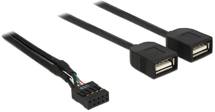 USB-hlavičkový adaptérový kábel: jeden konektor sa pripája k základnej doske, dva konektory umožňujú externé USB pripojenia.