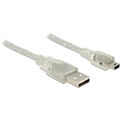 Priehľadný USB kábel so štandardným USB konektorom a mini USB konektorom na koncoch.