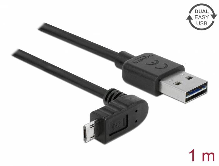 Čierna USB kábel, 1 meter, s duálnymi ľahkými USB konektormi; jeden priamy a jeden zahnutý Micro-USB konektor.