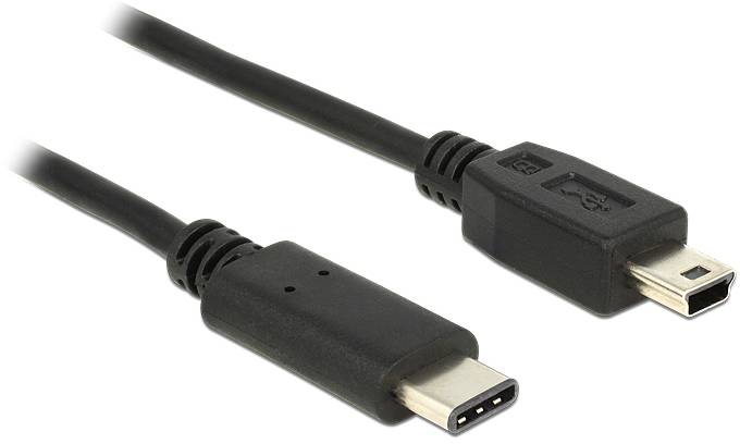 USB kábel s dvoma rôznymi typmi konektorov: vľavo konektor USB-C a vpravo mini-USB konektor, oba v čiernej farbe.