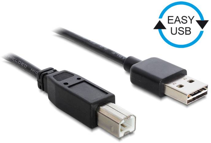 USB kábel s dvoma koncovkami: vľavo štvorcový konektor, vpravo štandardný USB konektor. Kruh s textom 'EASY USB'.