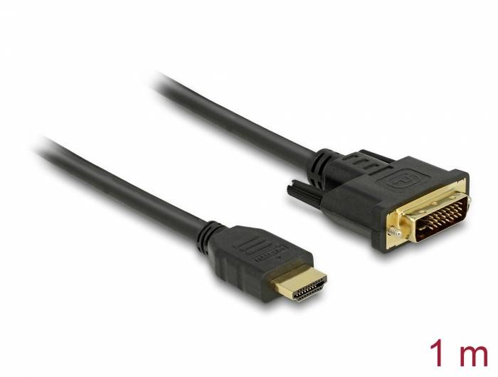 HDMI-na-DVI kábel, 1 meter dlhý. Vľavo HDMI konektor, vpravo DVI konektor. Použitie: Prepojenie medzi HDMI a DVI zariadeniami.