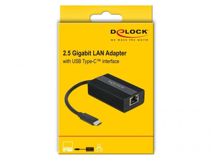 2,5-gigabitový sieťový adaptér s rozhraním USB Type-C, zobrazený na žltom obale s produktovou fotografiou čierneho adaptéra.