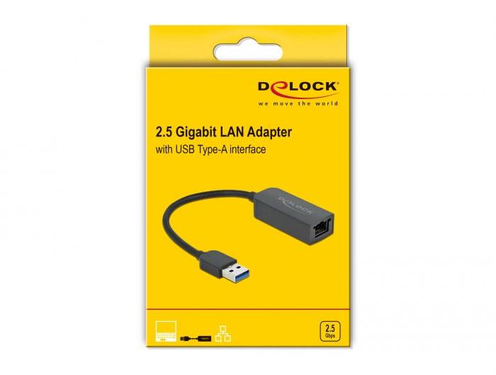 Žltý obal sieťového adaptéra Delock '2.5 Gigabitový LAN adaptér' s USB Type-A konektorom. Obrázok zobrazuje samotný produkt a relevantné symboly.