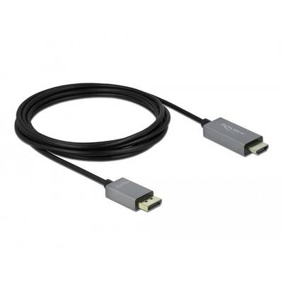 Čierny kábel s konektorom DisplayPort na jednom konci a konektorom HDMI na druhom konci, používaný na video a audio prepojenia.