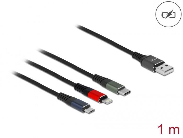 Nabíjací kábel so štyrmi rôznymi konektormi: Micro-USB, Lightning, USB-C v červenej a zelenej farbe. Dĺžka: 1 meter. Symbol indikátora energie.