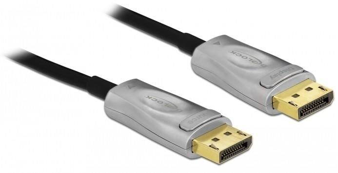'Dva DisplayPort káble so striebornými konektormi a zlatými prepojeniami, používané na prenos video a audio signálov.'