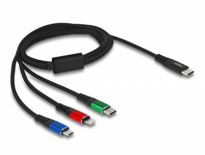 USB kábel so štyrmi konektormi v modrej, červenej, zelenej a čiernej farbe pre rôzne zariadenia. Ideálny pre multifunkčné nabíjanie.