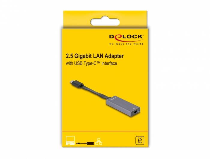 Žltý obal sieťového adaptéra s rýchlosťou 2,5 Gigabit s rozhraním USB Type-C. Logo značky hore, obrázok produktu v strede, technické detaily dole.