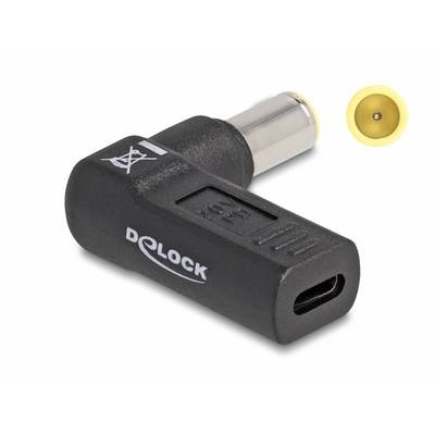 Adaptér 'Delock', čierny, s USB-C zásuvkou a DC konektorom pre napájanie. Priložený detailný záber kontaktu konektora.