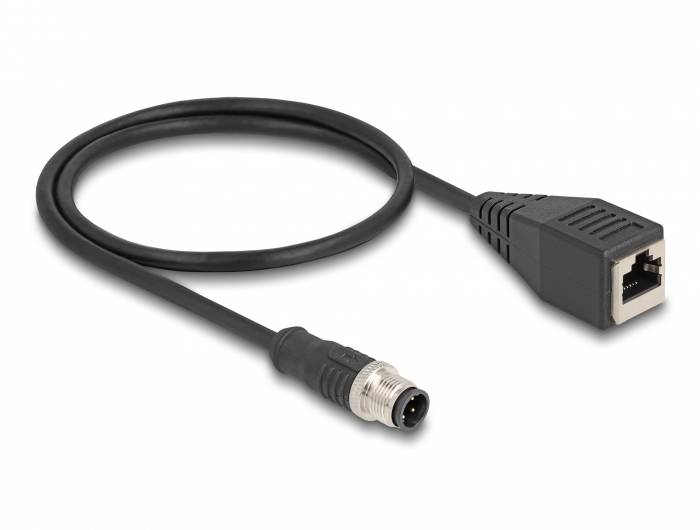 Čierny adaptérový kábel s M12 konektorom na jednej strane a RJ45 prípojkou na druhej strane, vhodný pre prenos dát.