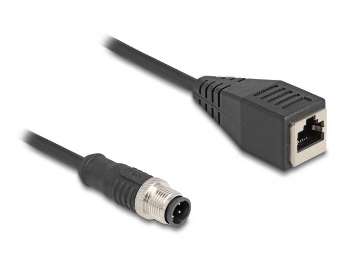 Vedľa seba je zobrazený M12 konektor a adaptér RJ45 zásuvky. Oba sú prepojené čiernym káblom.