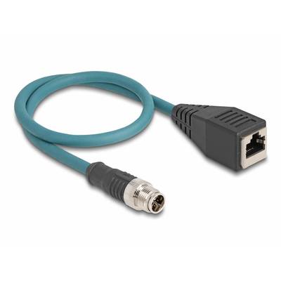 Modré ethernetový kábel s čiernym adaptérom na ľavej strane. Adaptér má guľatý, kovový konektor.