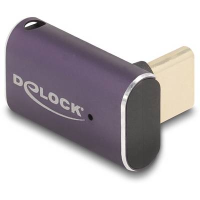 Fialový USB-C adaptér od spoločnosti Delock v oválnom tvare s nápisom na boku, zobrazený v šikmom pohľade.