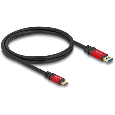 Čierna USB kábel s červenou zástrčkou a modrým konektorom. Ľavá zástrčka je menšia ako pravá.