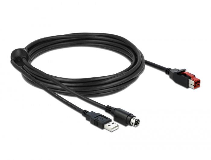 Čiernы USB predlžovací kábel s tromi typmi konektorov: USB-A, červený napájací konektor C13 a okrúhly päťpólový Mini-DIN konektor.