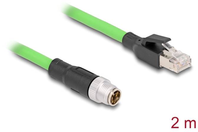 Zelený ethernetový kábel s RJ45 konektorom na jednej strane a okrúhlym konektorom na druhej strane. Dĺžka: 2 metre.
